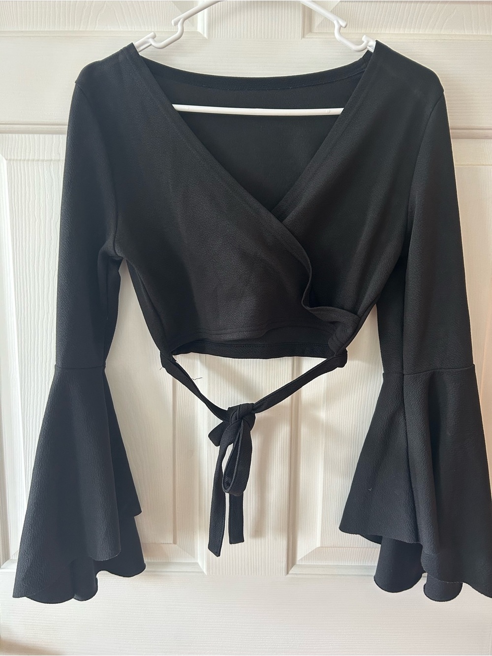 SHEIN Black Tie-Front Bell Sleeve Wrap Crop Top